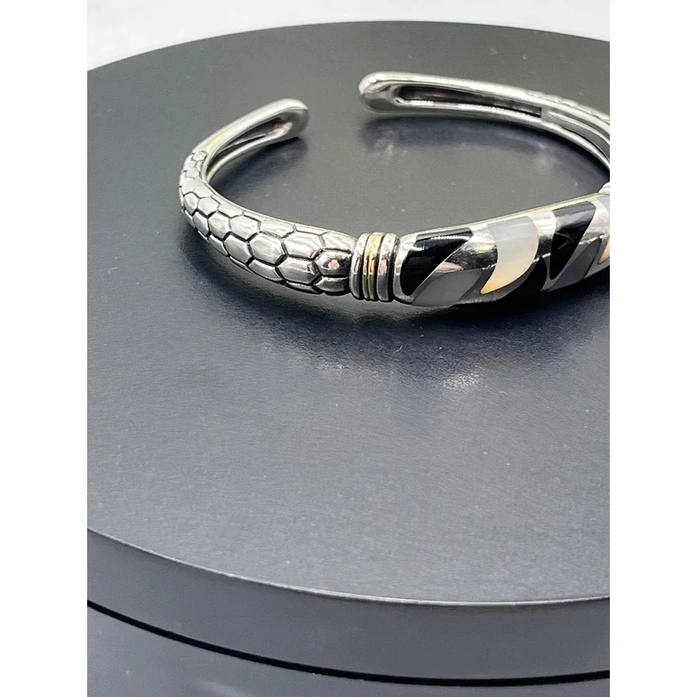 Asch Grossbardt Sterling Silver 18K Onyx Mother of Pearl Inlay Cuff Bracelet